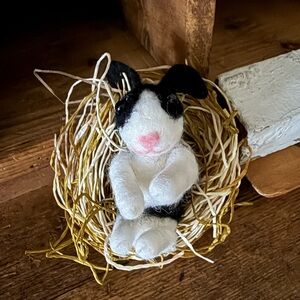 Handmade Black White Small Mohair Bunny Rabbit in Nest